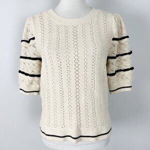 DR2 Beige Crochet Puff Sleeve Sweater Tiered Ruffles Black Stripe Size Large